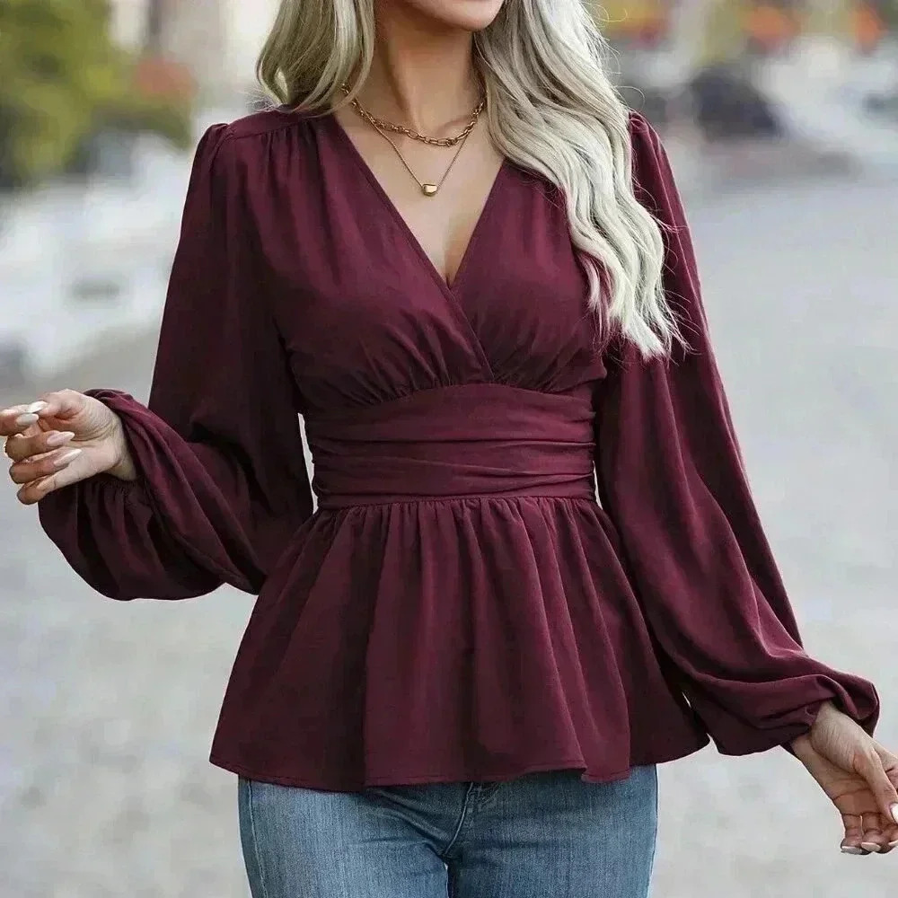 Burgundy Elegant Women's Pleated Lantern Sleeve Blouse - Picture 6 of 6